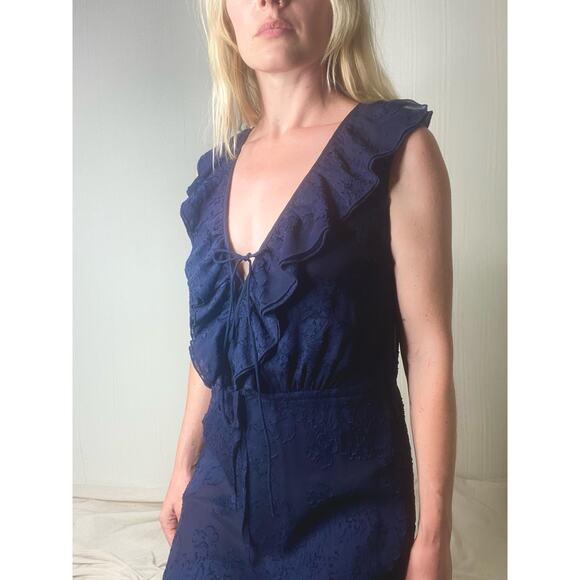 TORY BURCH Navy Sheer Floral Silk Ruffle Sleeveless Dress US 2 - Picture 3 of 14